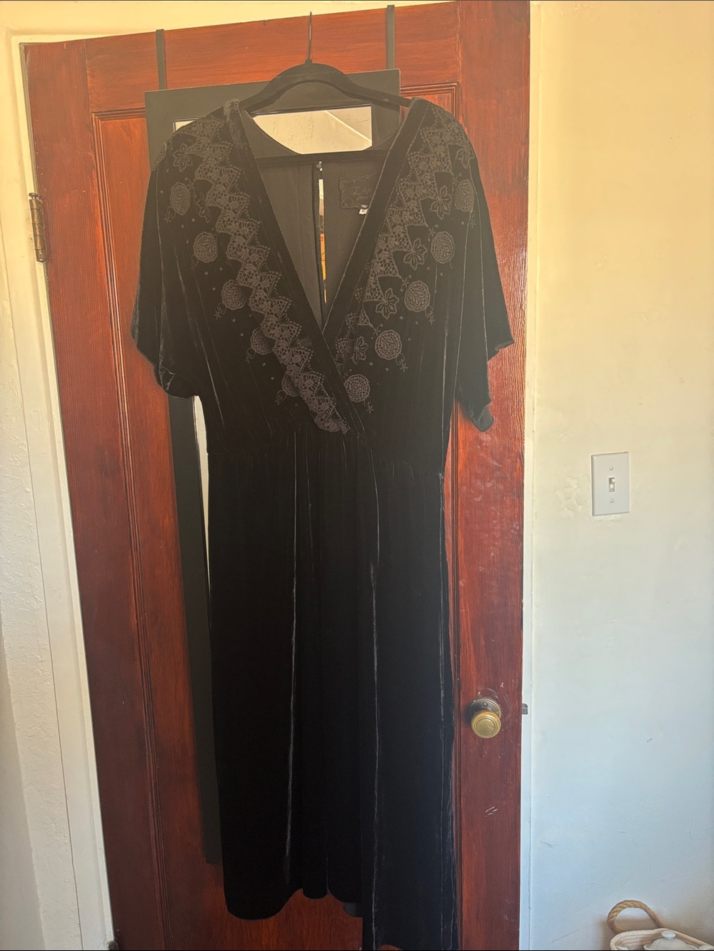 Johnny Was Black Velvet Embroidered V-Neck Dress